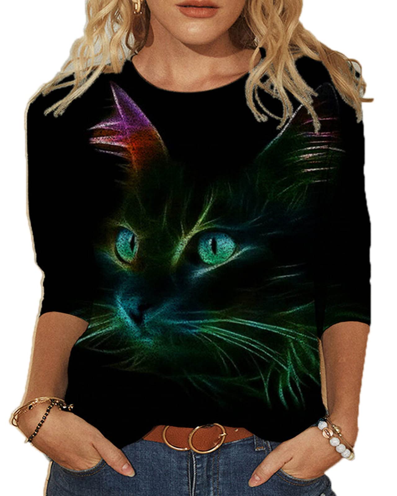 Keepmore Women's # 1 3D Animal Cat Print Long Sleeve Tops Cat With Moon Graphic Pullover Sweatshirt Casual Round Neck Tunic T Shirt Tops