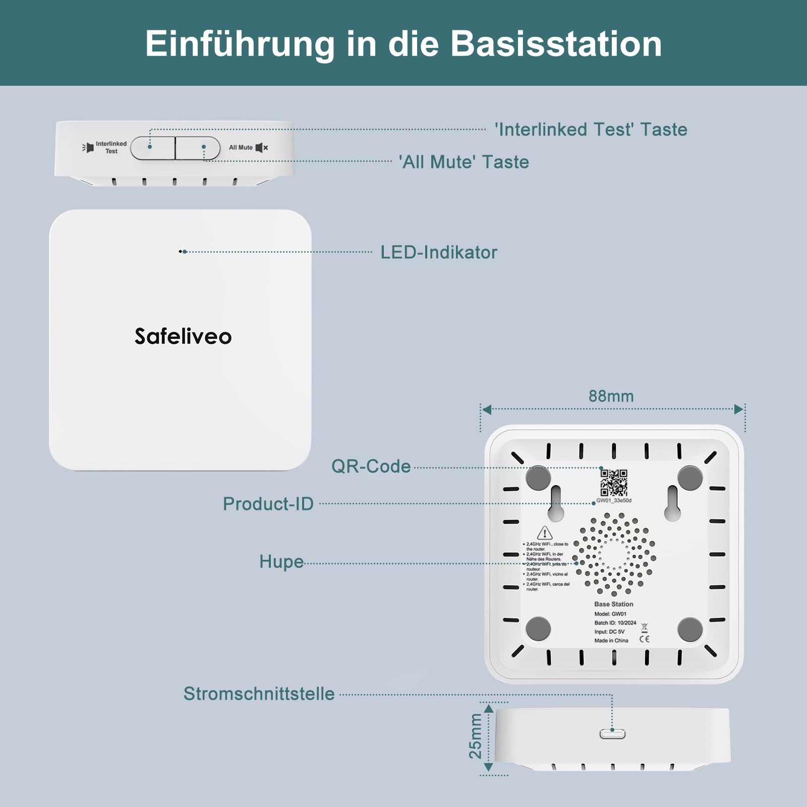 Safeliveo Rauchmelder 10 Jahre Batterie WLAN Smart Feuermelder Vernetzt 5er Set mit Basisstation, Brandmelder mit 85dB Hörbarer Alarm