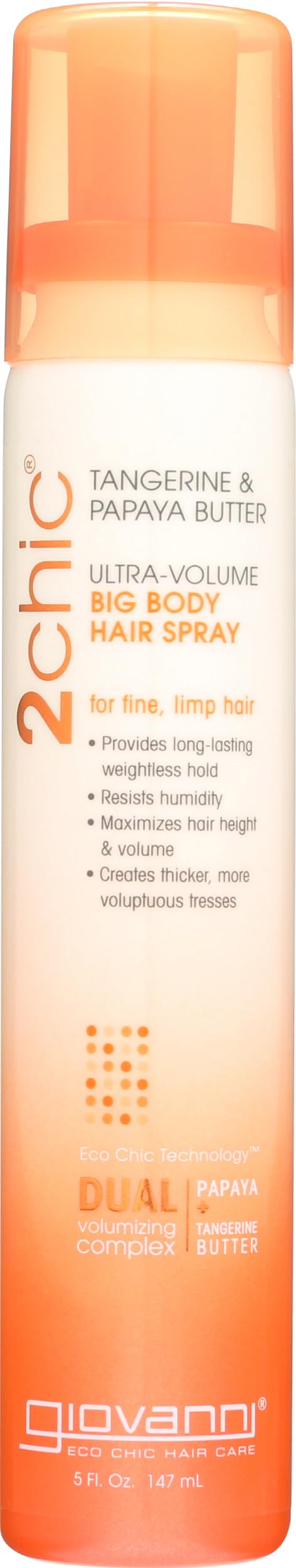 GIOVANNI 2chic Ultra-Volume Big-Body Hair Spray - Daily Volumizing Formula with Papaya & Tangerine Butter, Promotes Weightless Control for Fine Limp Thin Hair, No Parabens, Color Safe - 5 fl oz
