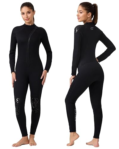 XUKER Wetsuit Men Women 3mm, Neoprene Wet Suits Front Zip Full Body Long Sleeve Diving Suit in Cold Water for Water Sports - X7-3mm-Front Zip -Black-Women - X-Small
