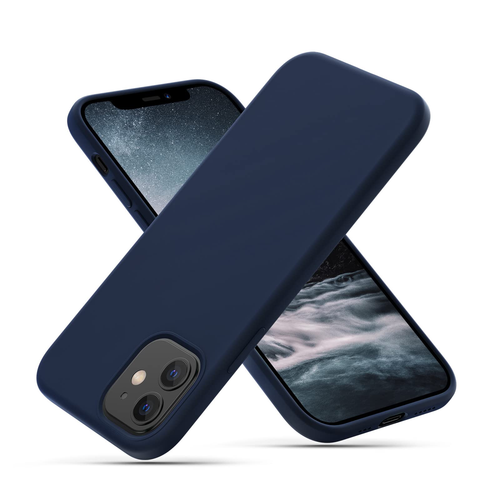CALOOP Slim-Fit for iPhone 12/12 Pro Case,Skin Soft Liquid Silicone,Sturdy Hard Frame Shockproof Cover with Anti-Scratch Microfiber Lining,Full Protection for Screen and Lens,6.1 inch,Navy Blue