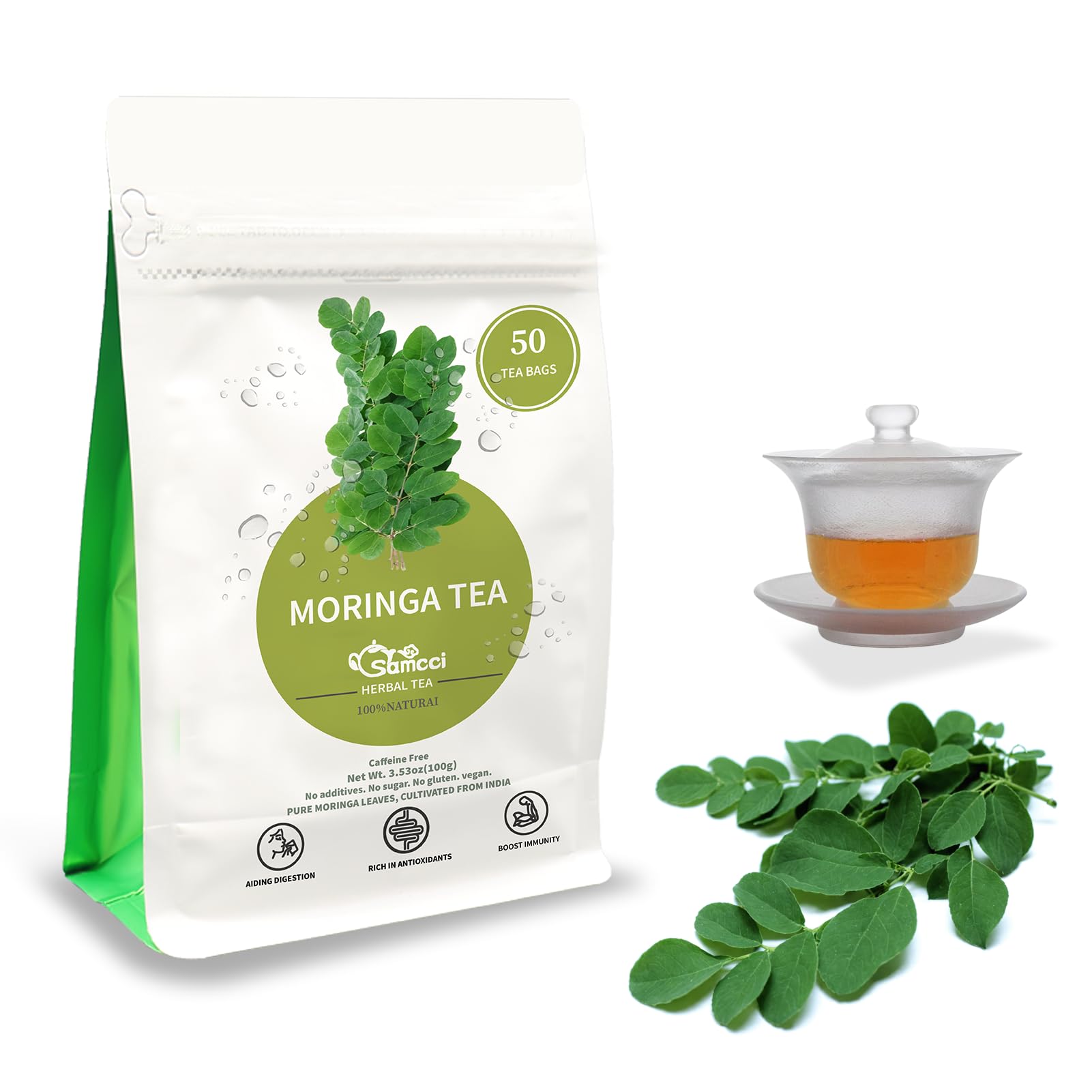 SAMCCIMoringa Tea - 50 Tea Bags - Pure Moringa Leaves, Herbal Tea for Supporting Digestion & Immune System - Non-GMO - Vegan - Caffeine-Free - Natural Herbal