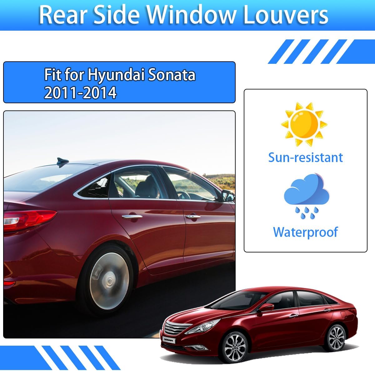 for Hyundai Sonata 2011 2012 2013 2014 Window Louvers Rear Side Window Louvers Air Vent Scoop Shades Cover Blinds Trim Exterior Accessories 2PCS(Bright Pitch Black)