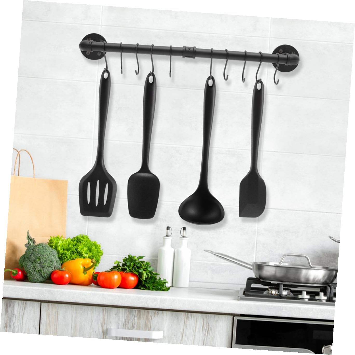 Mobestech 1set Industrial Wall-mounted Pot and Pan Rack with Hooks Sturdy Kitchen Hanging Organizer for Cookware Versatile Storage for Pots and Pans and Wear Resistant