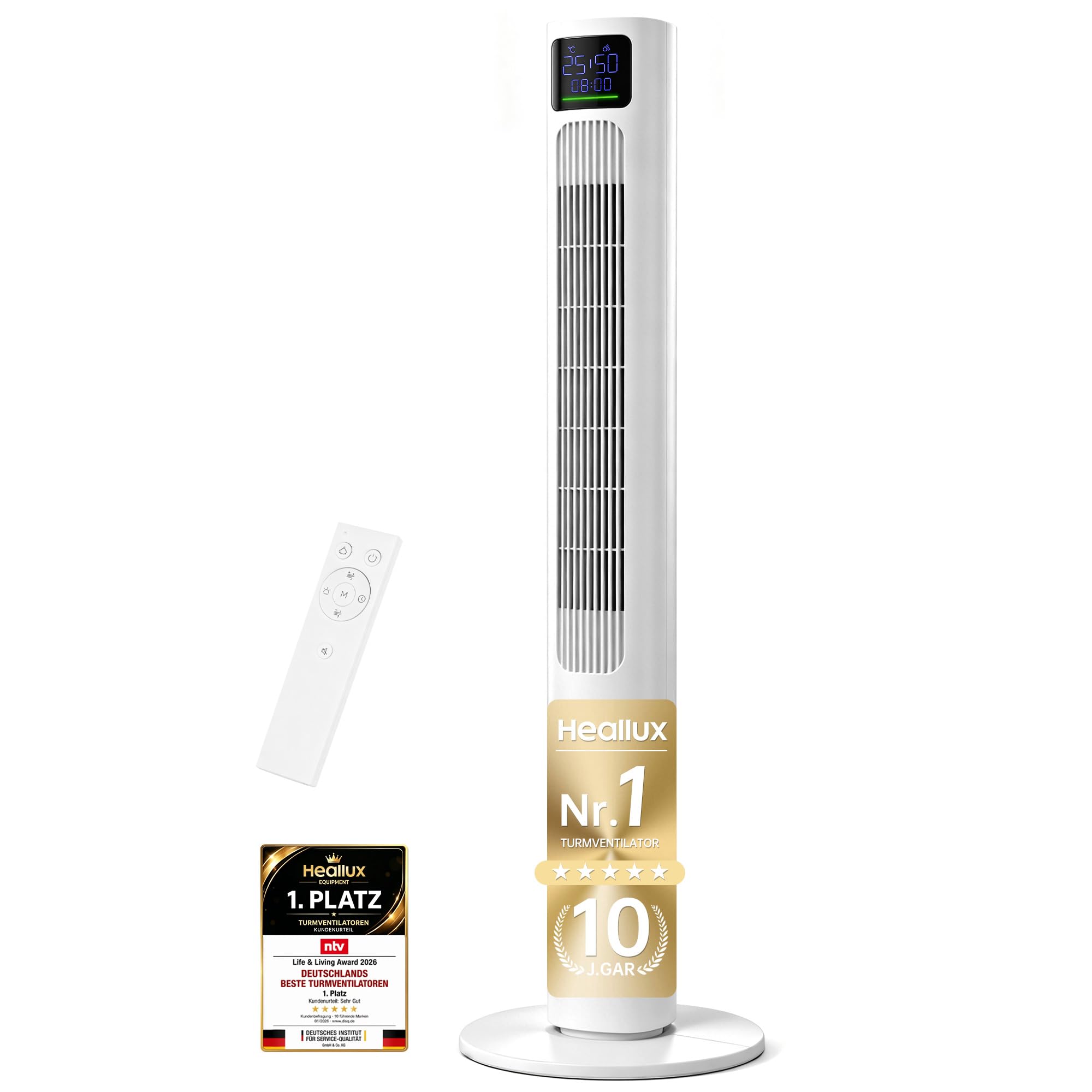 HEALLUX Turmventilator 115 cm, leiser Ventilator mit Fernbedienung, 10 m Wurfweite, 4 Geschwindigkeiten & 4 Modi, 90° oszillierend, 12h Timer, energiesparend, Tower Fan für Schlafzimmer, Weiß
