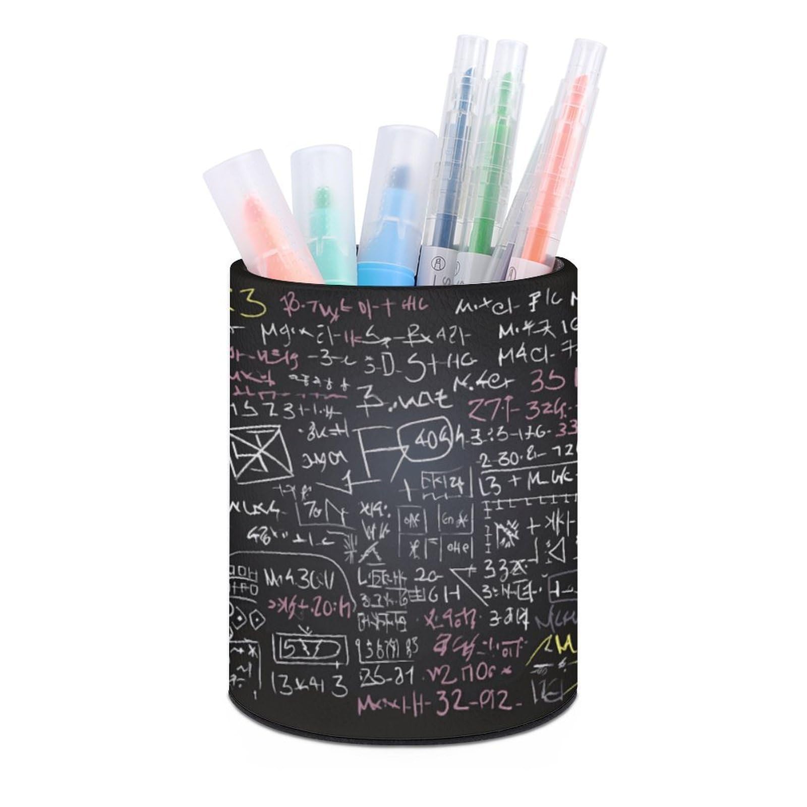VstaDank Math Formula Pen Holder PU Leather Pencil Cup Minimalist Desk Pencil Holder Round Make Up Brush Organizers For Office Dorm Room&Vanity Desk Accessories
