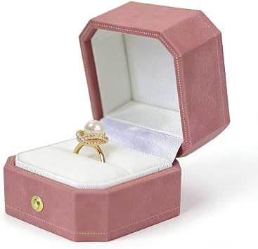 Velvet Ring Box - Octagon Engagement Ring Box with Hinged Lid for Proposal Engagement Wedding, Proposal Ring Case Jewelry Box with Gold Lace PRB001-Pink