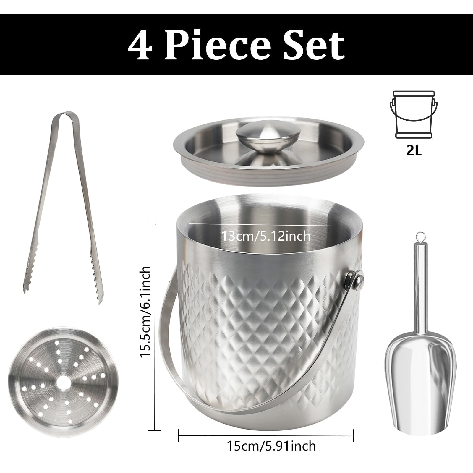 Zythrem 2L Secchiello Ghiaccio in Acciaio Inox, con Coperchio in Silicone, Pinze e Pala, Secchiello Ghiaccio Vino Acciaio Inox a Doppia Parete Isolante, per Cocktail Bar, Feste, Mantiene Il Ghiaccio