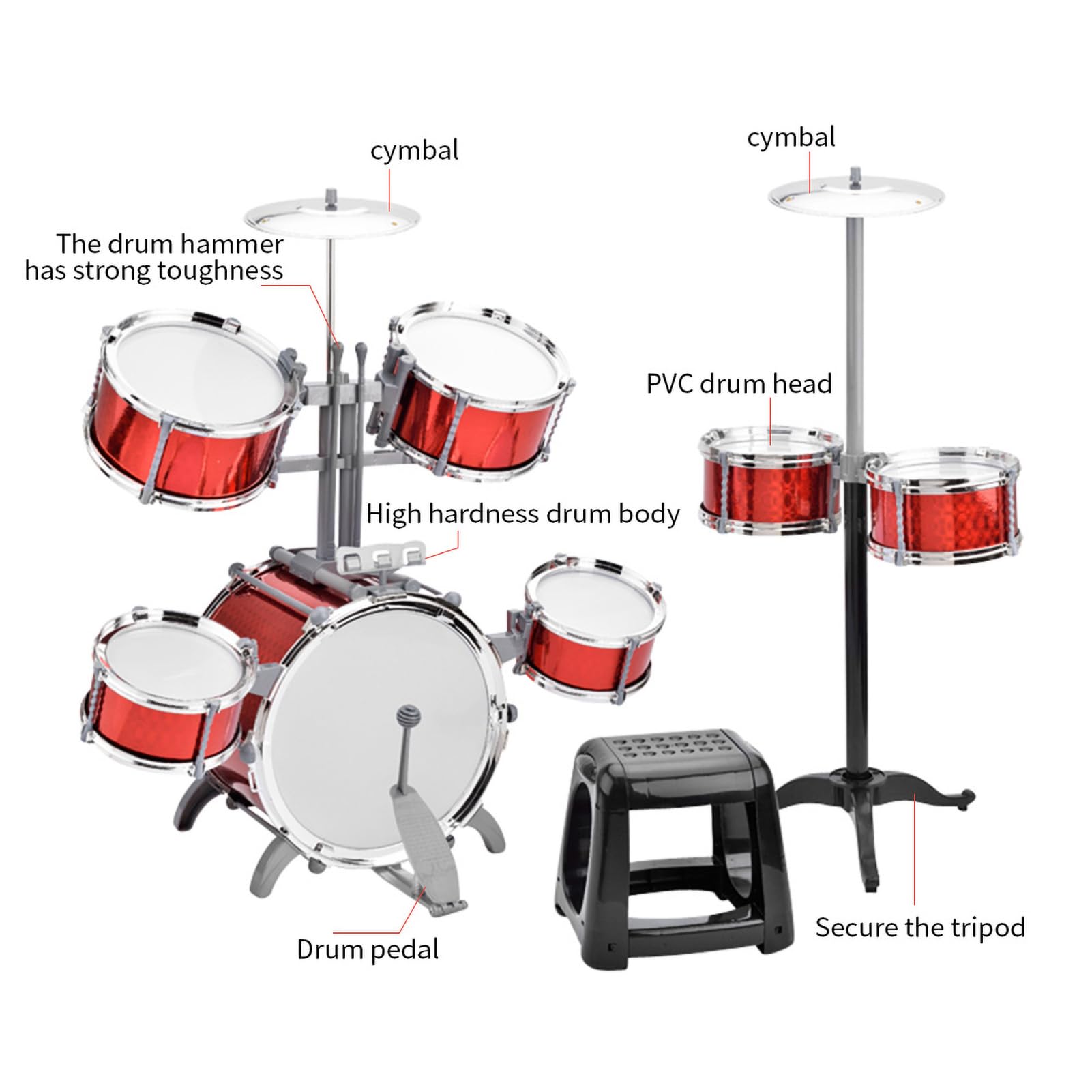 Dilwe Dynamic Addition Juego de Batería de PVC de 7 Piezas con Taburete, Construcción Engrosada para Principiantes, Juego de Instrumentos Musicales (rojo)