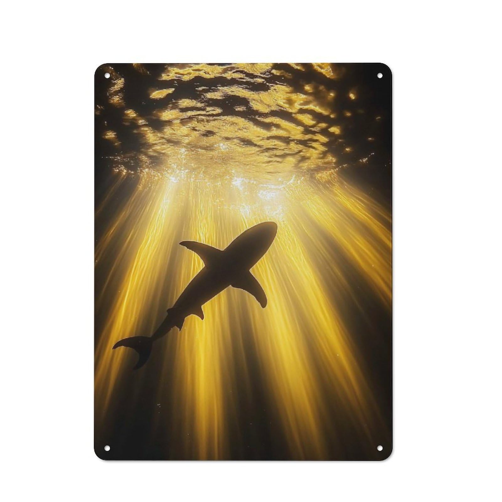 Junmoney Style-19 Garage Style Shark Silhouette In Golden Light Decorative Metal Plaque 40X30cm, Garage Wall Decor For Workshop, Basement, Shed Or Games Room