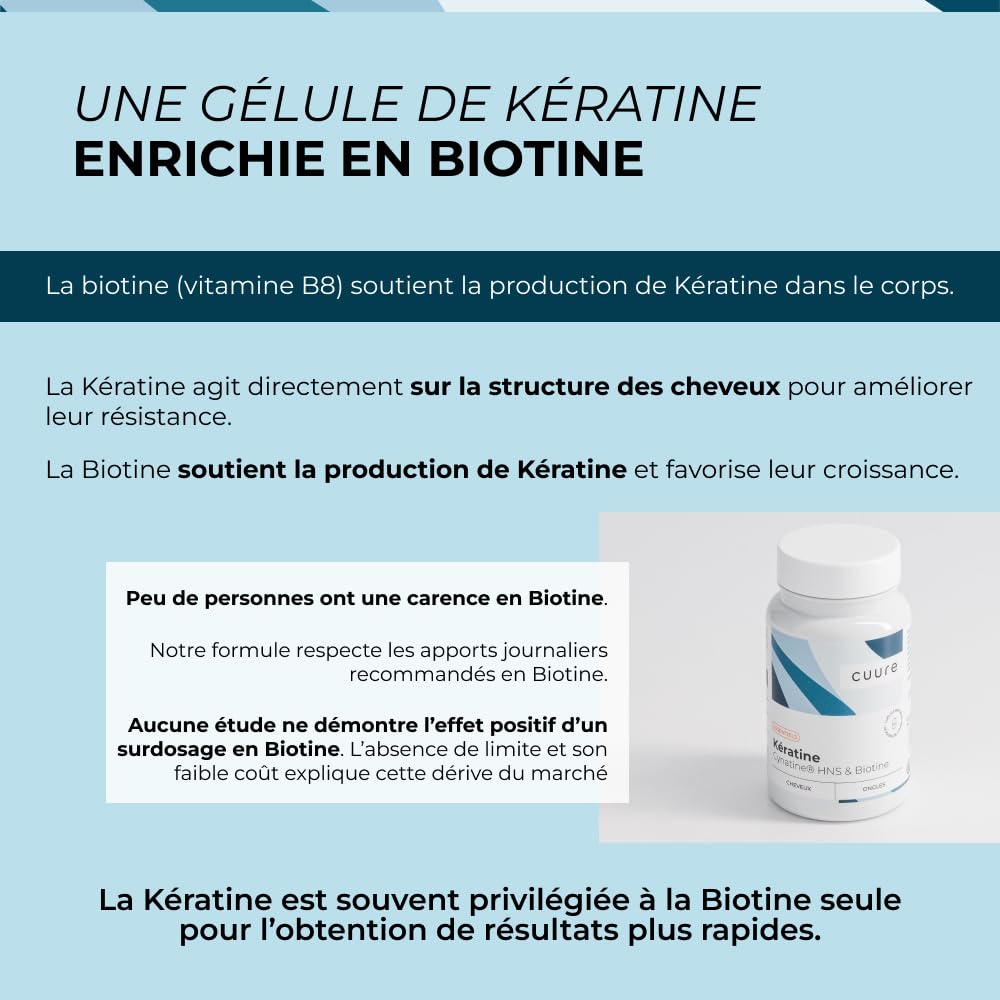 Kératine et Biotine - CUURE - Ingrédient Breveté Cynatine - 45 Jours - Pousse & Brillance des Cheveux - Vitamine B8 - Complément Alimentaire Cheveux, Ongles & Peau - Fabriqué en France