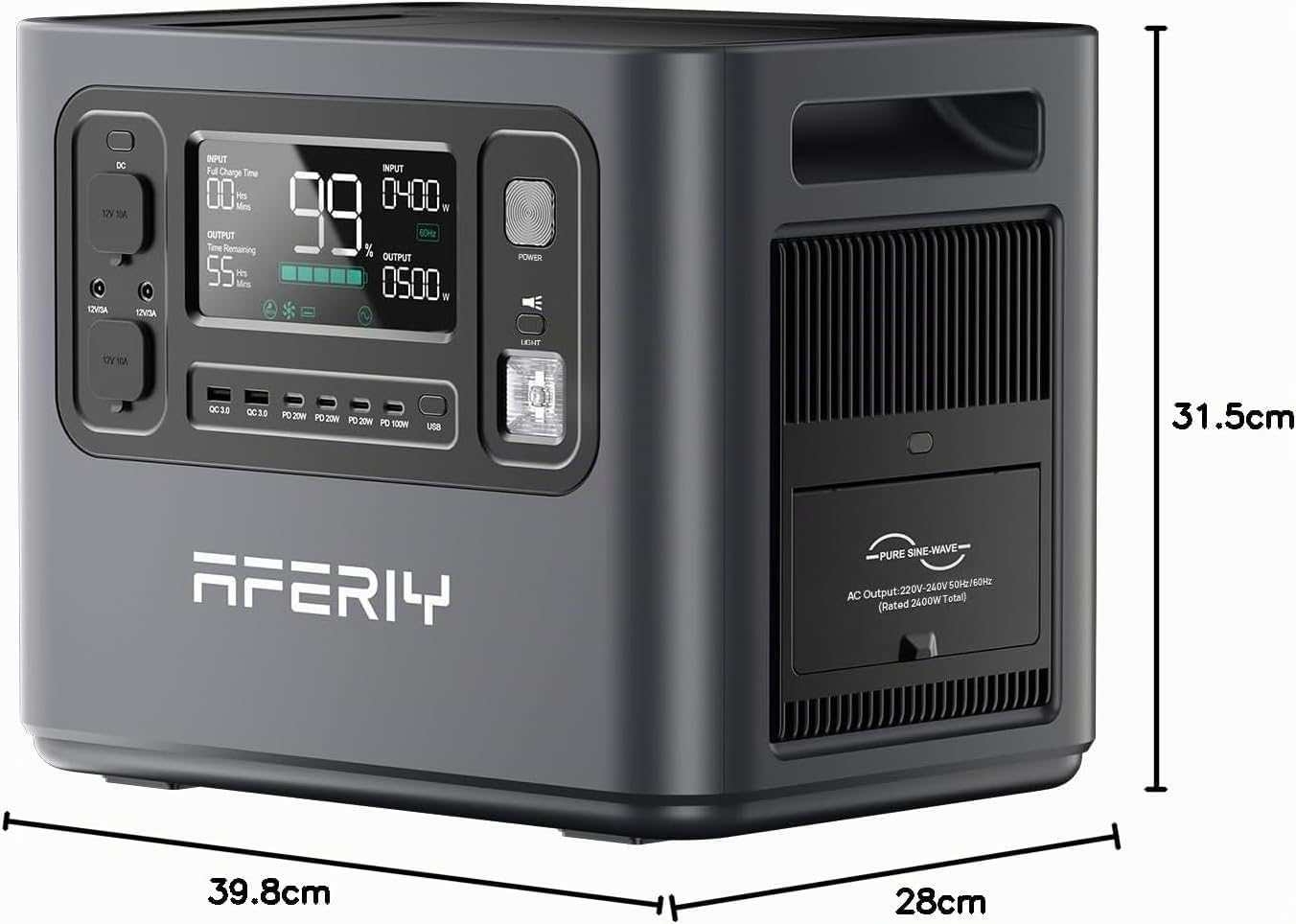 AFERIY Generatore Elettrico Portatile 2400W, Batteria LiFePO4 2048Wh, Ricarica Rapida 1,5 Ore, 13 Porte, Onda Sinusoidale 230V, Stazione di Alimentazione per Campeggio All'Aperto