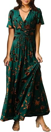 Simplee Womens V Neck Velvet Maxi Dress Short Sleeve Empire Waist Long Formal Dress for Wedding Guest