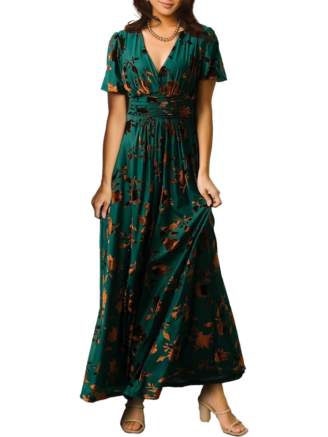 Simplee Womens V Neck Velvet Maxi Dress Short Sleeve Empire Waist Long Formal Dress for Wedding Guest