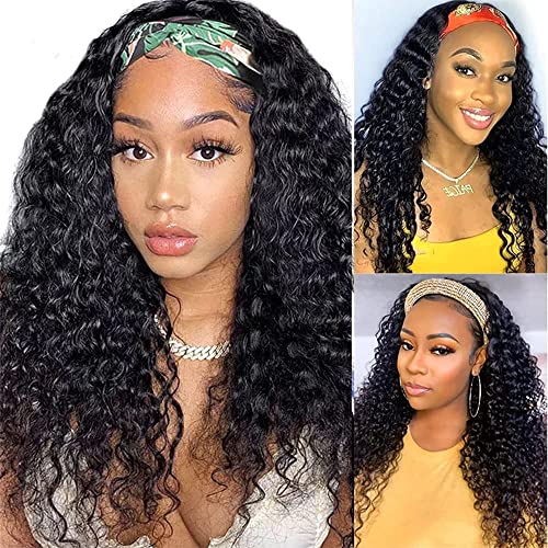 Image of WENYAN Deep Wave Headband Wig Human Hair 12 Inch Curly Glueless Wigs #1B | None Lace Front Half Wigs for Black Women,Brazilian Virgin Hair Wear and Go Wig,Machine Made,150% Density,Natural Color