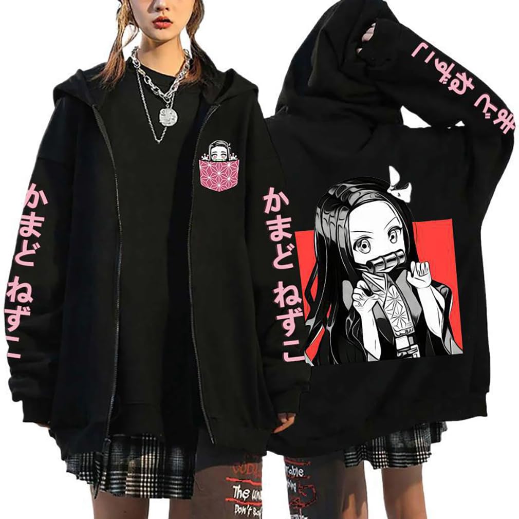 Symish Anime Hoodie Zip up Jacket Sweatshirt Tanjirou Nezuko Anime Cosplay Zipper Coat For Unisex