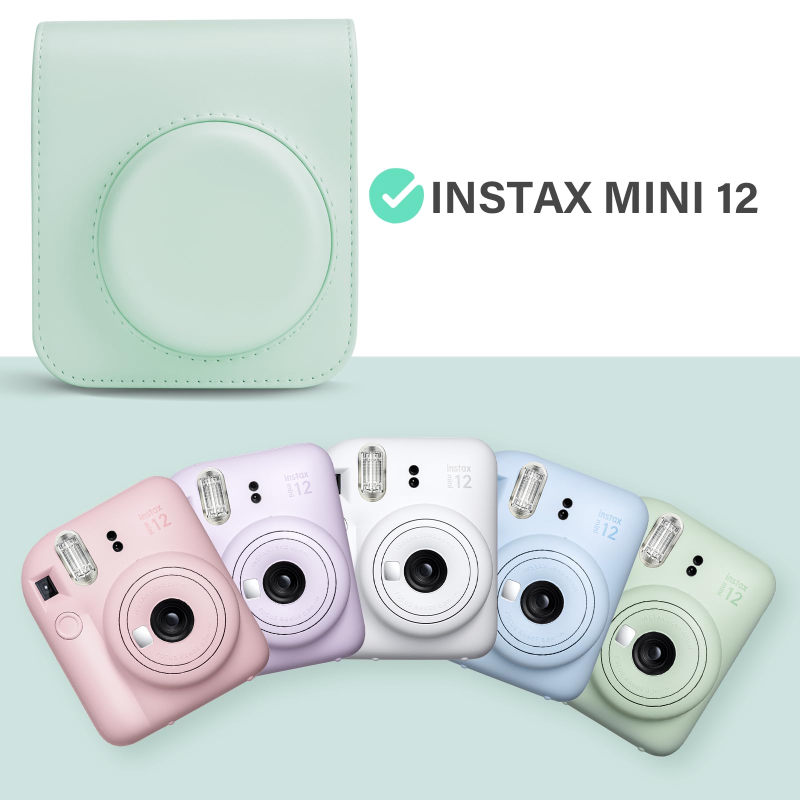 Rieibi Housse pour Instax Mini 12 - Étui de Protection en Cuir PU pour Appareil Photo Instantané Fujifilm Instax Mini 12 - Étui Amovible avec Bandoulière - Vert