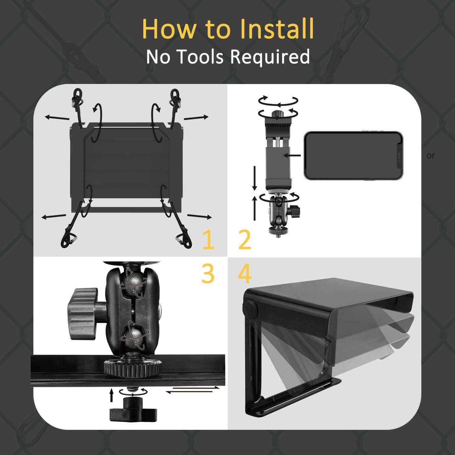 Cell Phone Fence Mount with Shade, Phones Holder Mounting Kit for iPhone, Mevo Start and Other Action Cameras, for Recording Baseball, Hockey, Softball and Tennis Games (Black)