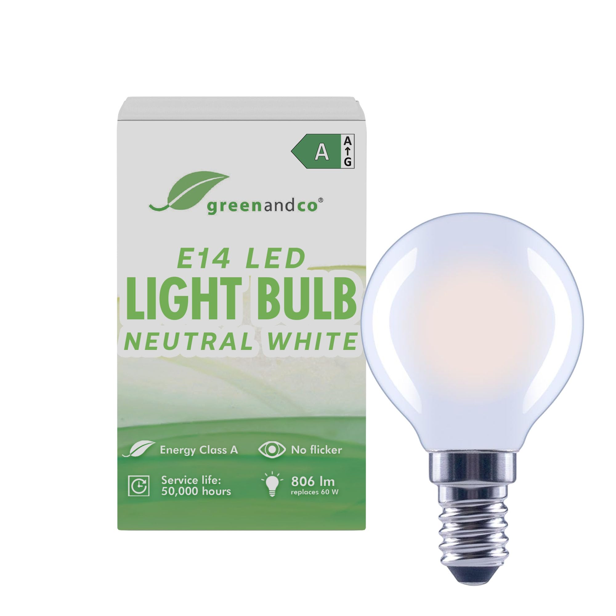 greenandco LED Filament Light Bulb | Frosted | E14 G45 | 3.8W 806lm | Replaces 60W | 4000K Neutral White | 320° | 230V | Flicker Free | Energy Class A | Non-dimmable