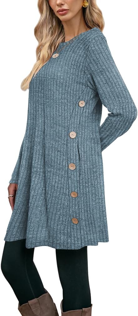 Poetsky Women Long Sleeve Tunic Tops to Wear with Leggings Side Buttons Long Shirts Rib Sweater Dress with Pockets S-3XL - Image 3