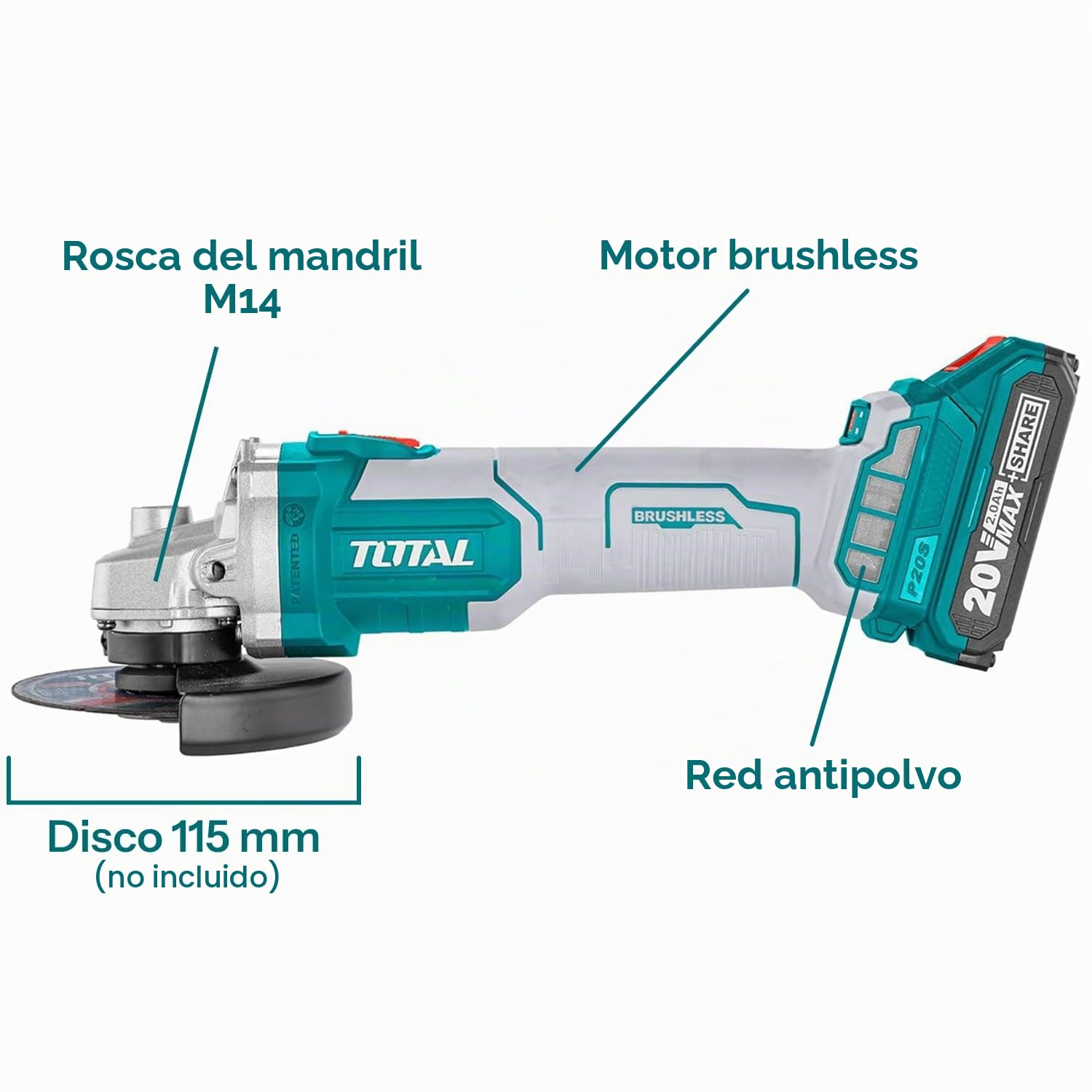 TOTAL - Amoladora Angular a Batería P20S de 20 V - Radial con Disco de 115 mm - Motor Brushless - Sin Batería ni Discos - Inalámbrica