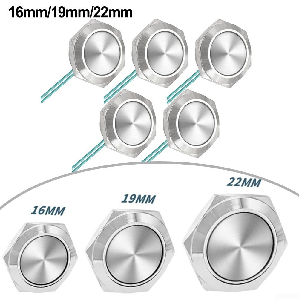 HpLive Lot de 5 interrupteurs à bouton-poussoir en métal auto-réinitialisables ultra courts 12 V-24 V avec câble 16 mm, 19 mm, 22 mm, étanche, auto-réinitialisation instantanée (16 mm)