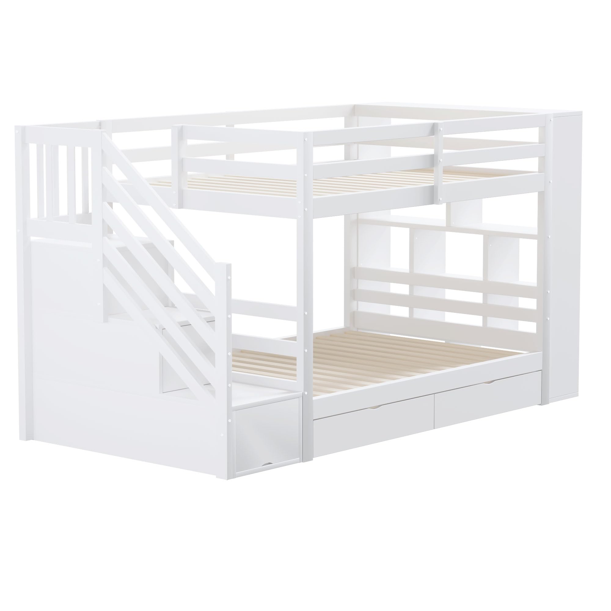 Moimhear Letto a castello 90x200 cm, scala di sicurezza con vani portaoggetti, cassetti portaoggetti e ampi armadietti, struttura alta recinzione, rete a doghe, letto in pino (bianco)