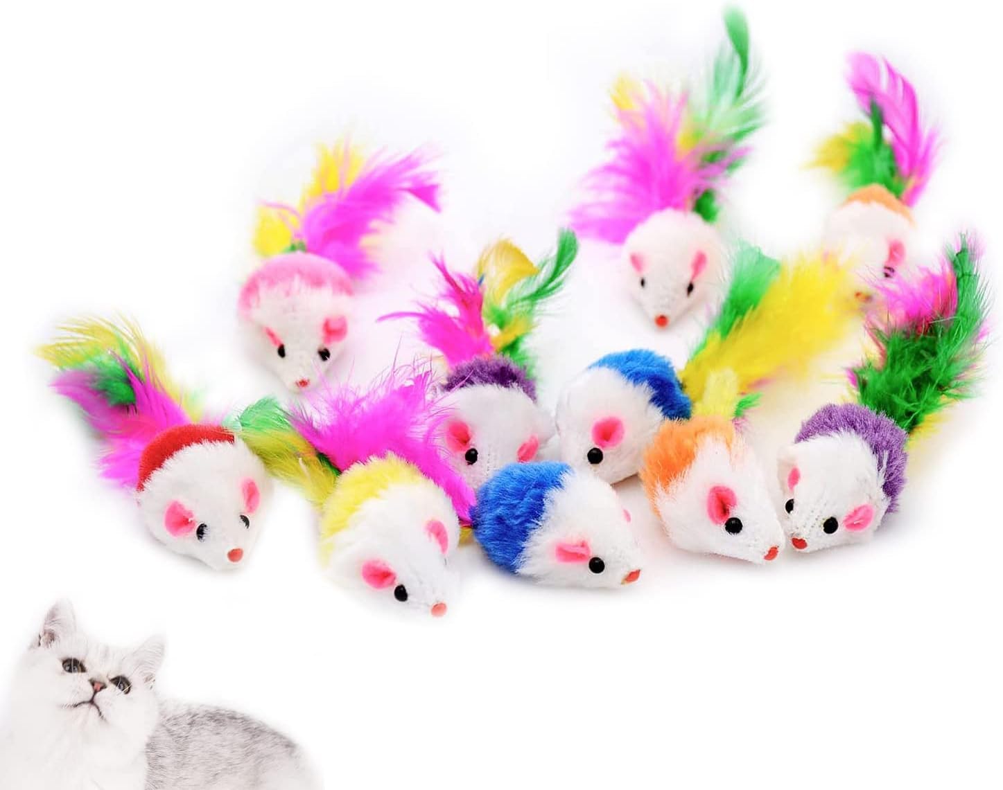 10 Pack Cat Mouse Toy,Fur Mice Cat Feather Toy with Rattle Sounds,Catnip Mouse Interactive Cat Toy,Cat Toys Chasing Hunting Exercising,Kitten Toy for Playing Chewing Teeth Cleaning(Color Random) 3