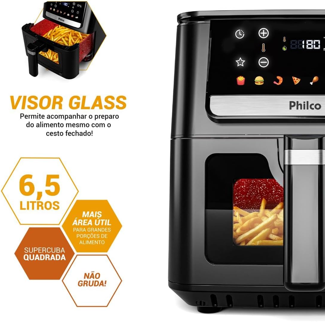 Infográfico destacando o Visor Glass, capacidade de 6,5 litros e cuba quadrada