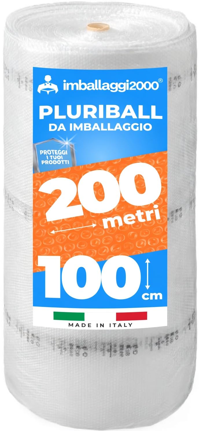 IMBALLAGGI 2000 - Pluriball Imballaggio 1Pz, 1x200mt 55gr/​mq, Ideale per Spedizione Trasloco e Trasporto, Plastica con Bolle Valida, per Protezione Oggetti (1x200mt)