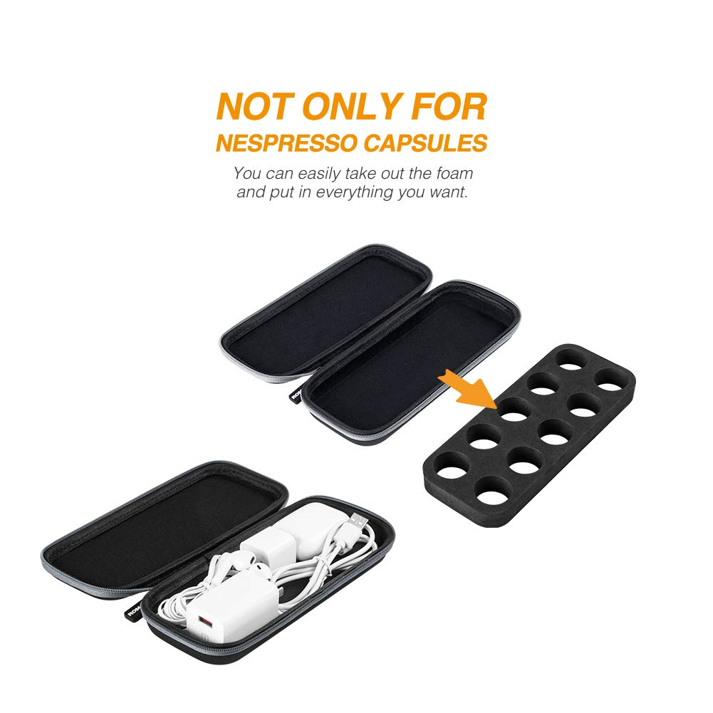 ROMAUNT Custodia da viaggio compatibile con capsule Nespresso OrignalLine, accessorio per macchina da caffè portatile, custodia protettiva per cialde di caffè con schiuma PU, contiene 10 cialde (nero)