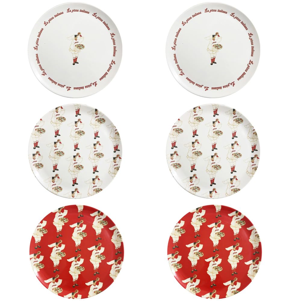 PALUPLUS Set 6 Piatti Pizza Rotondi in Melamina, Diametro 33 cm e Altezza 1,5 cm, Piatto con 3 Decorazioni, Infrangibili e Riutilizzabili, Fantasia Pulcinella -3757C