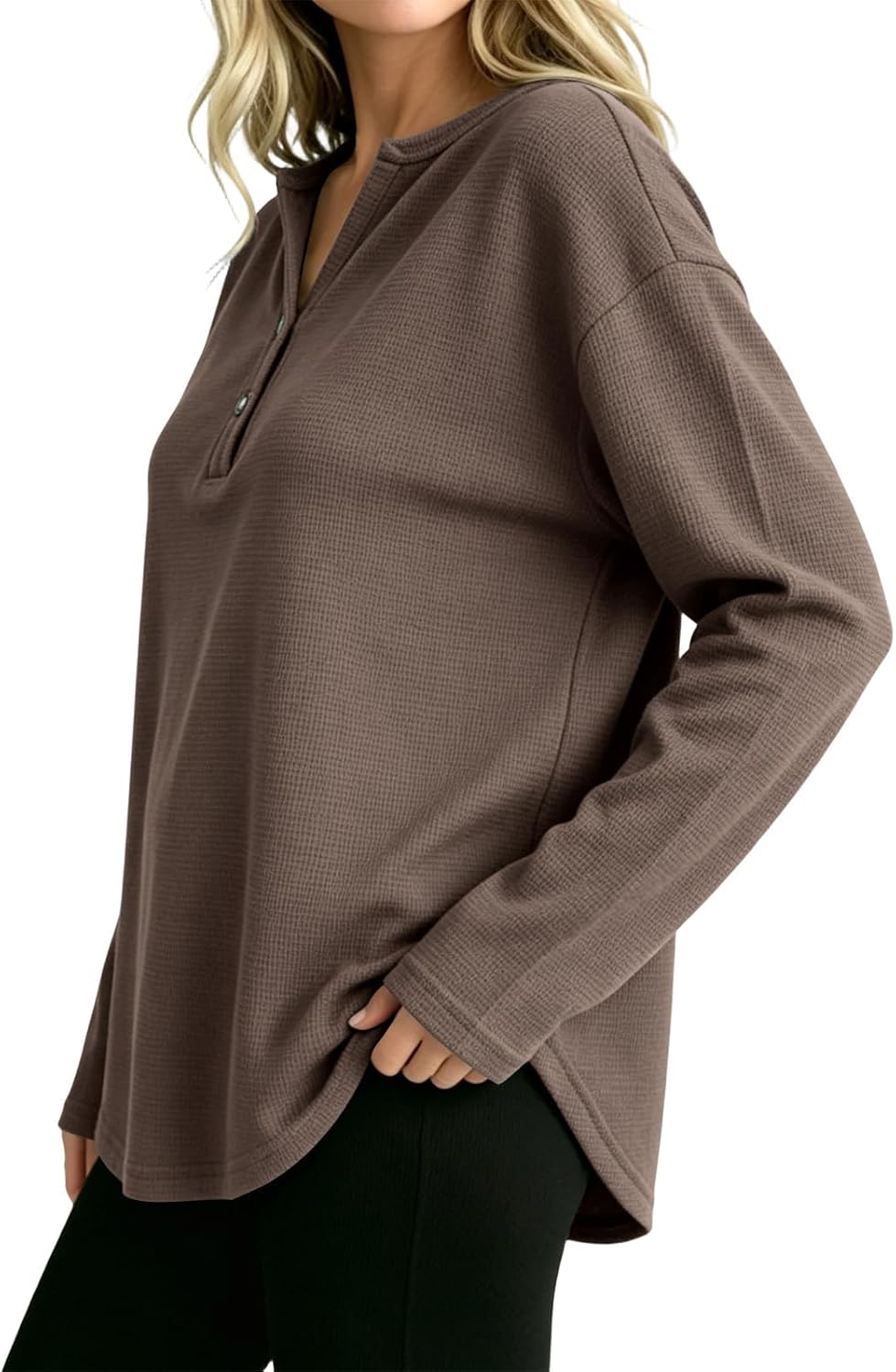 Womens Waffle Knit Henley Shirt Long Sleeve Collared Loose Fit Blouse Comfy Fall Winter Casual Lounge Layering Top