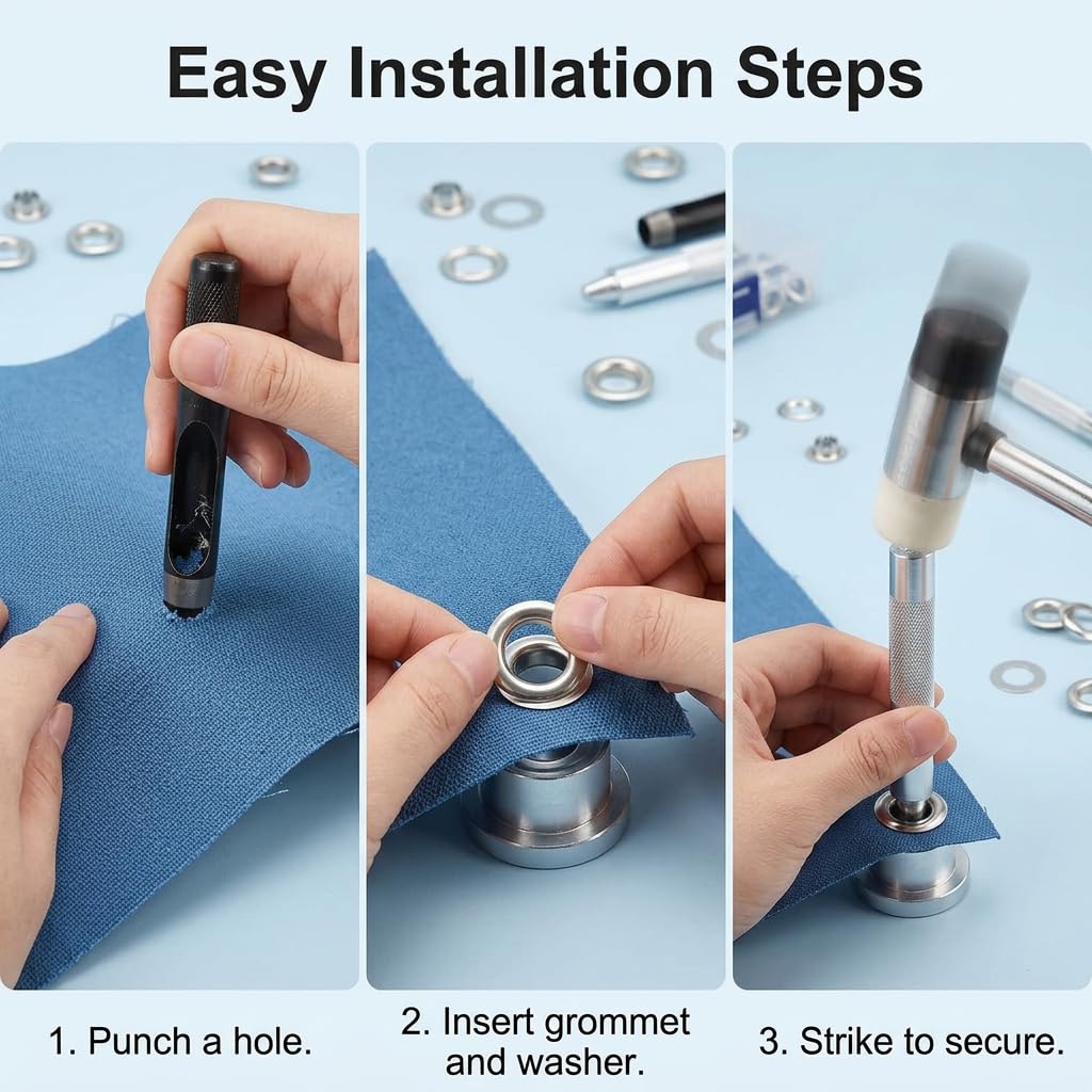 120pcs Ösen Werkzeug Set 6mm Metallösen mit Stanzwerkzeug, Ösenzange Kit für Planen, Leder, Stoff, Vorhänge, Markisen, Ringösen Hohlnieten Ösenset für DIY Handwerk, Silber Planenösen