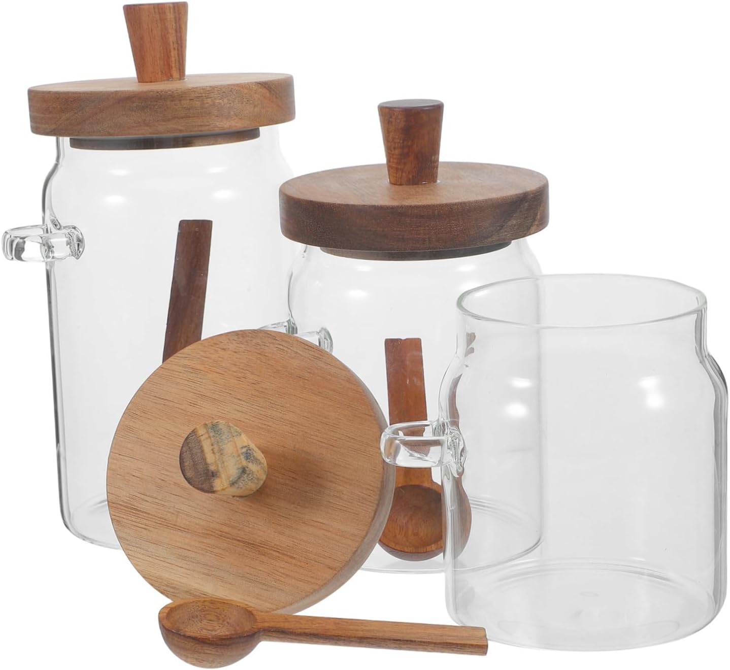 3pcs Glass Laundry Pod Holder Set with Wooden Lids and Scoop Airtight round Detergent Storage Containers for Washing Powder 400ml 600ml 900ml Easy View Storage for Laundry Room