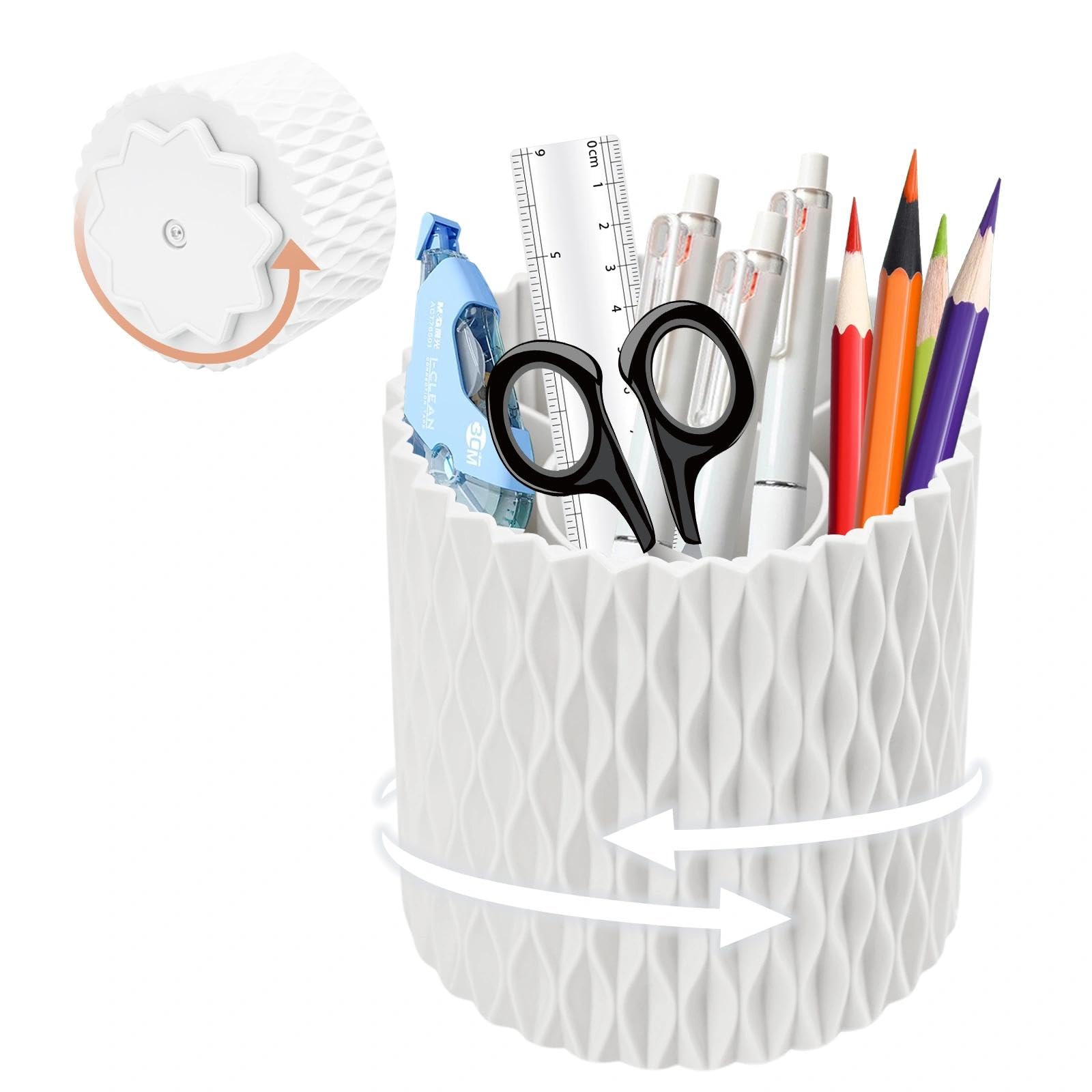 ANMEISH 360° Rotating Pen Pencil Holder, Pen Pencil Pot with 5 Compartments, White Desk Organisers for Stationery Makeup Brushes for Home Office School Classroom