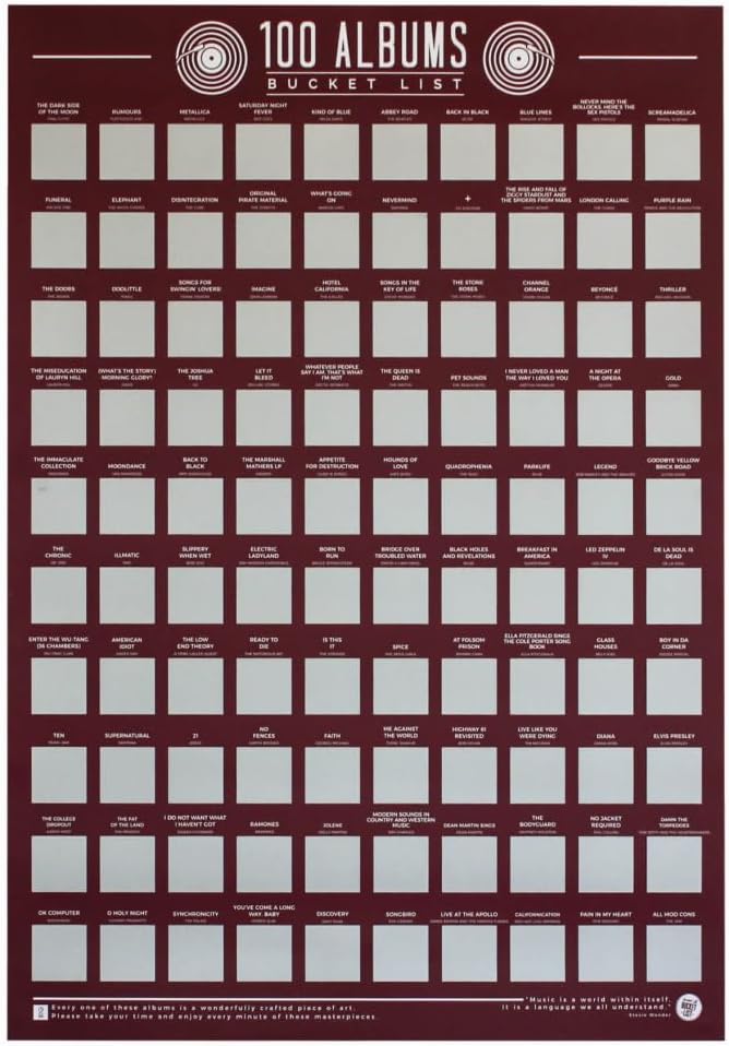 Gift Republic 100 Music Albums Scratch Off Poster Musical Bucket List Poster Wall Art for Music Fans Iconic Albums & Chart Toppers Premium Boxed Gift