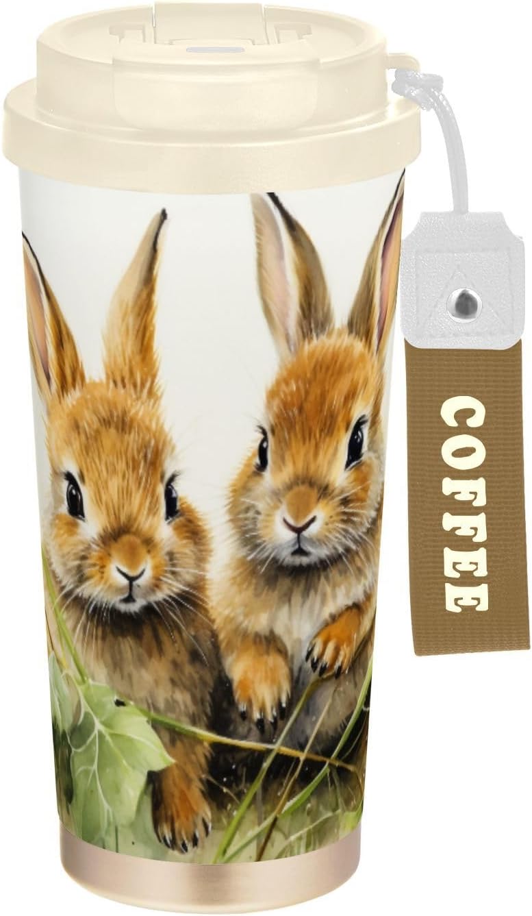 Hare Watercolor Grass Insulated Coffee Mug with Straw & Flip Lid, 16.9oz Iced Tumbler Cup, Double Wall Vacuum Mug for Travel Office