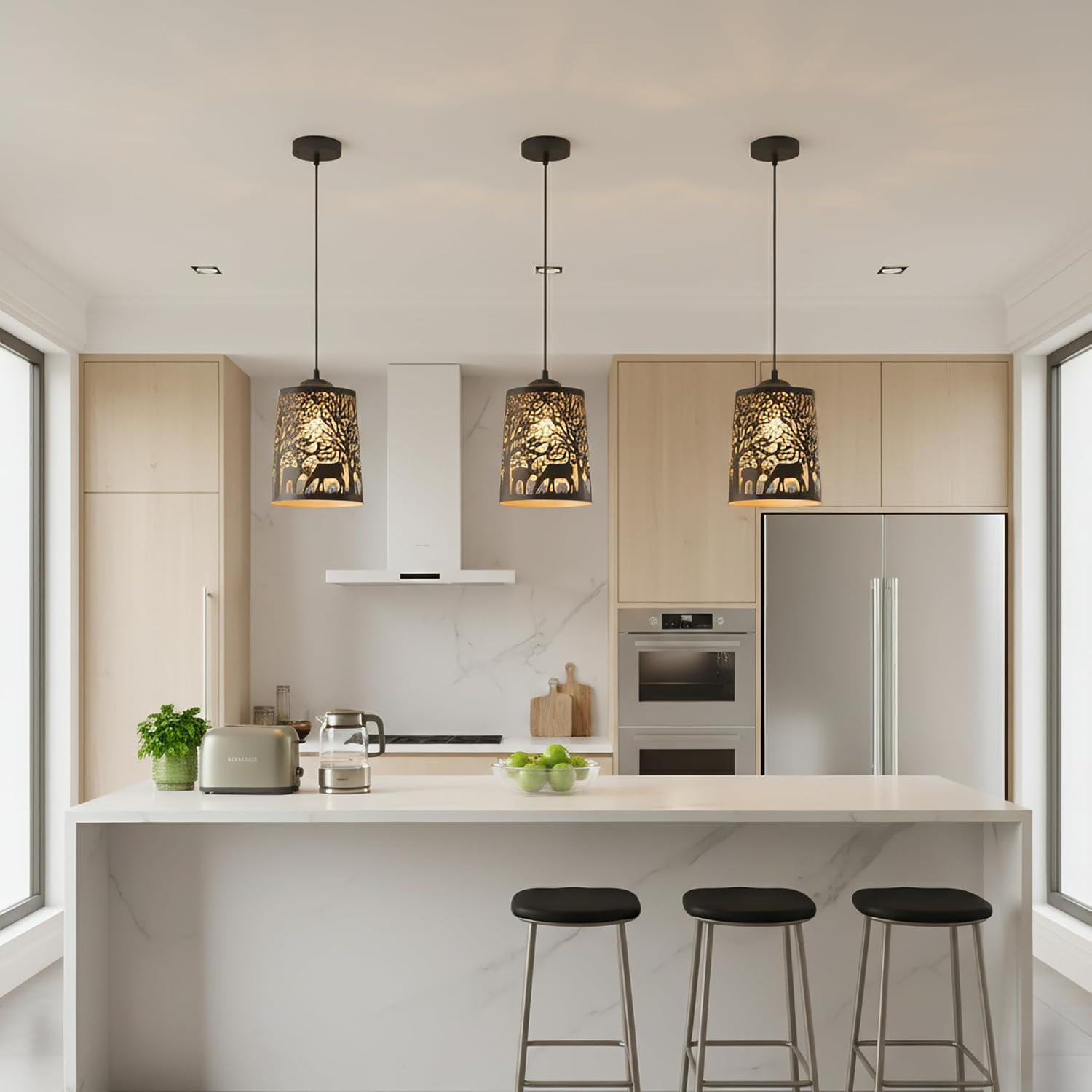 Craftica Heeran Design Modern Farmhouse Pendant Light Set, Black Metal Drum Shade, Forest Deer Design, Kitchen Island Hanging Lamps, 3 Pack with Bulbs-image-9