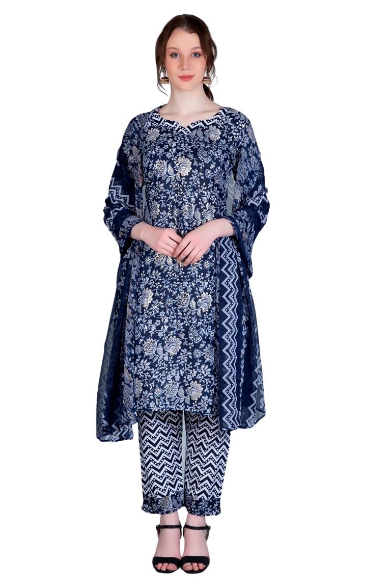 Dhruvi Trendz Womens Cotton Women Kurta Set Regular Fit Straight (Dt-K2693&P115_Nevy Blue_S)