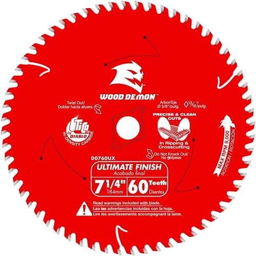 Diablo Wood Demon Carbide Circular Saw Blade - 7-1/4" Diameter | Ultimate Finish Wood Cutting - Ideal for Professional Use and DIYers - 60 Hi-ATB Teeth, 8,000 Max RPM - D0760UXA