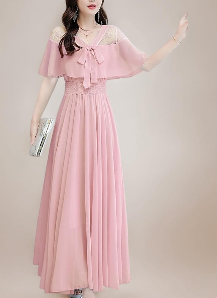 ピンクのシフォンロングドレス シーイン SHEIN フリル・スリーブ☆ラップ・シフォン☆ロング