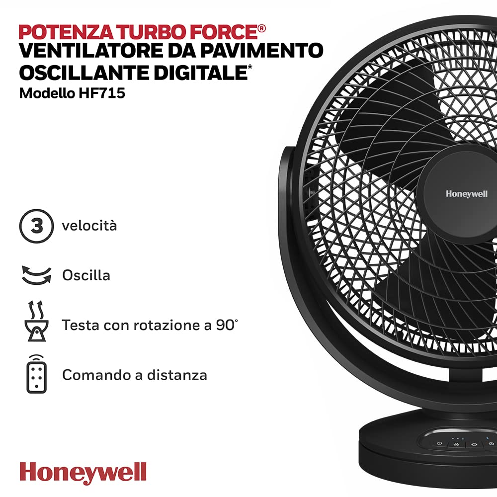 Ventilatore digitale oscillante Honeywell Turbo Force (personale per uso domestico o in ufficio; comando a distanza; comandi LED elettronici; 3 livelli di velocità; rotazione di 90°) HF715BE