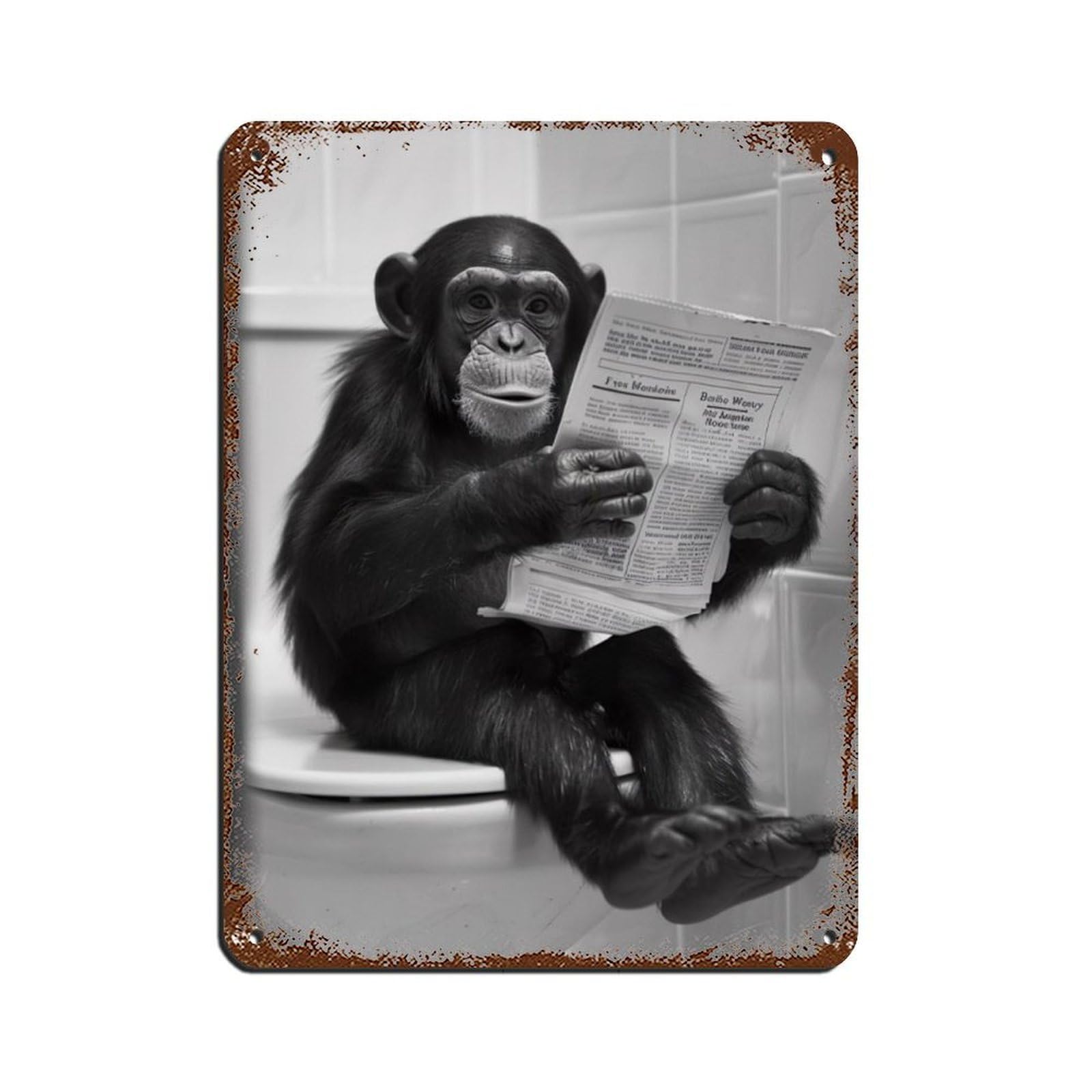 Monkey Sitting on The Toilet Reading A Newspaper Tin Sign Vintage Metal Pub Club Cafe Bar Home Wall Art Decoration Poster Retro 12x16inch(30x40cm)