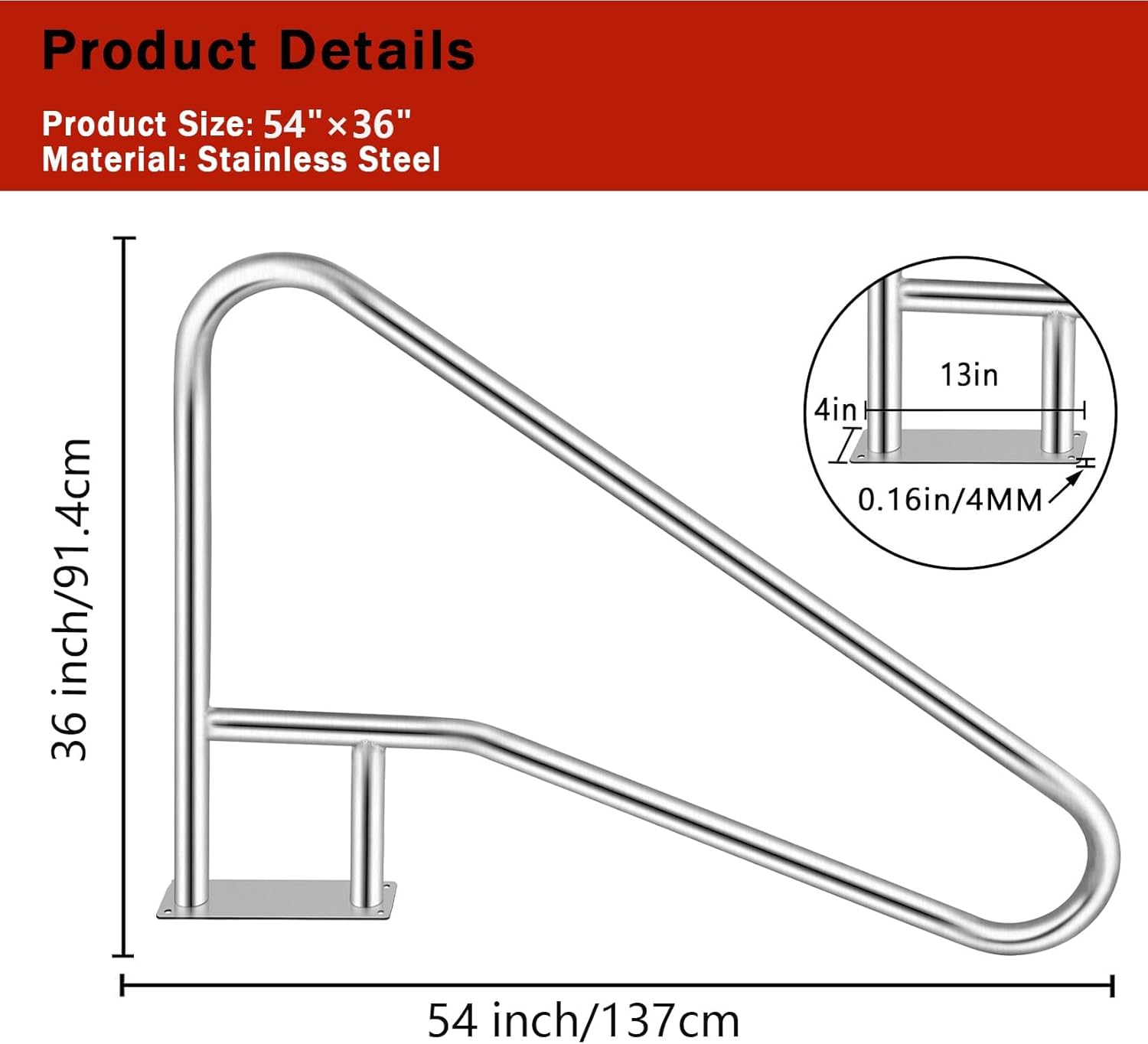 Stainless Steel Pool Handrail for Inground Pools – Heavy Duty 375 lbs Load – Non-Slip Grip – Quick Mount Base – Safety Stair Rail for Pools, Bathtubs – Size: 54 x 36 in