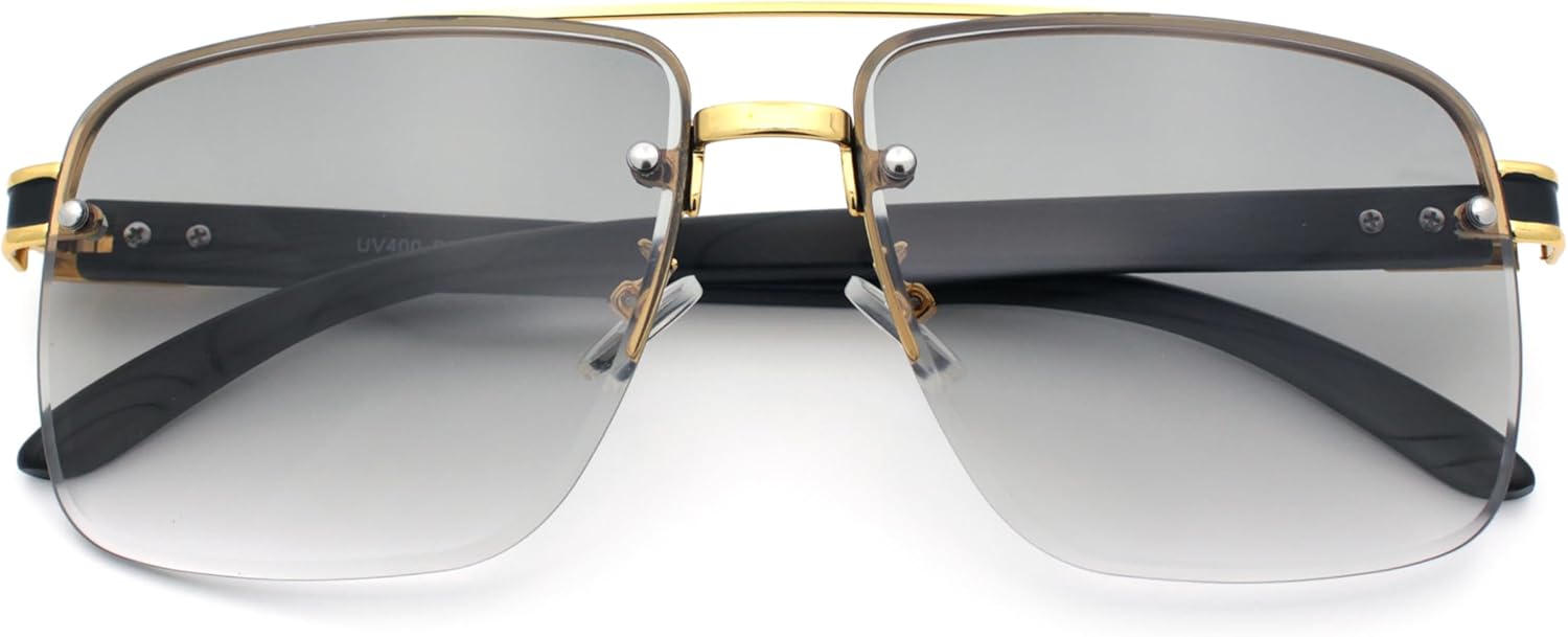 SA106 Mens Rectangle Double Bridge Half Rim Wood Grain Arm Mob Sunglasses