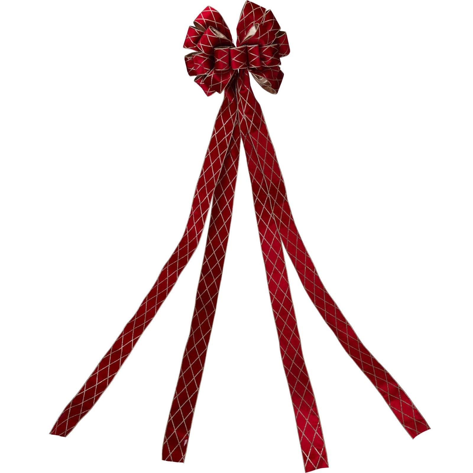 Carousel Home Red Velveteen Tree Top Bow with Long Streamers | Fabric Christmas Tree Topper Gold Glitter Diamond Check | Christmas Tree Decoration - 130 x 33cm