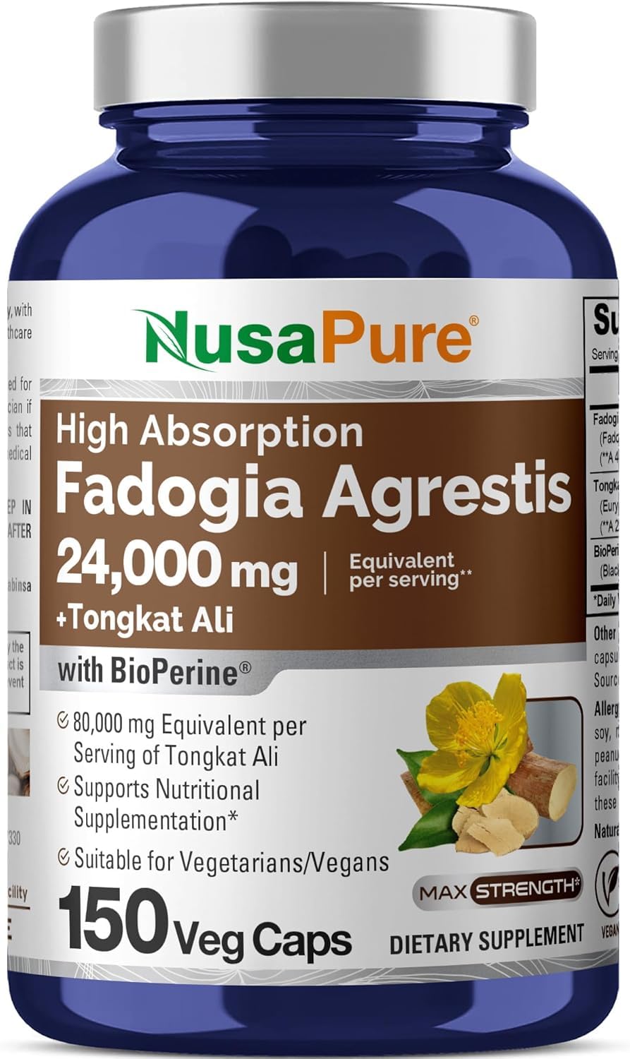 NusaPure Fadogia Agrestis 24,000mg + Tongkat Ali 80,000mg - 150 Veggie Caps - Non-GMO, Made in USA, Serving 2 VCaps, BioPerine