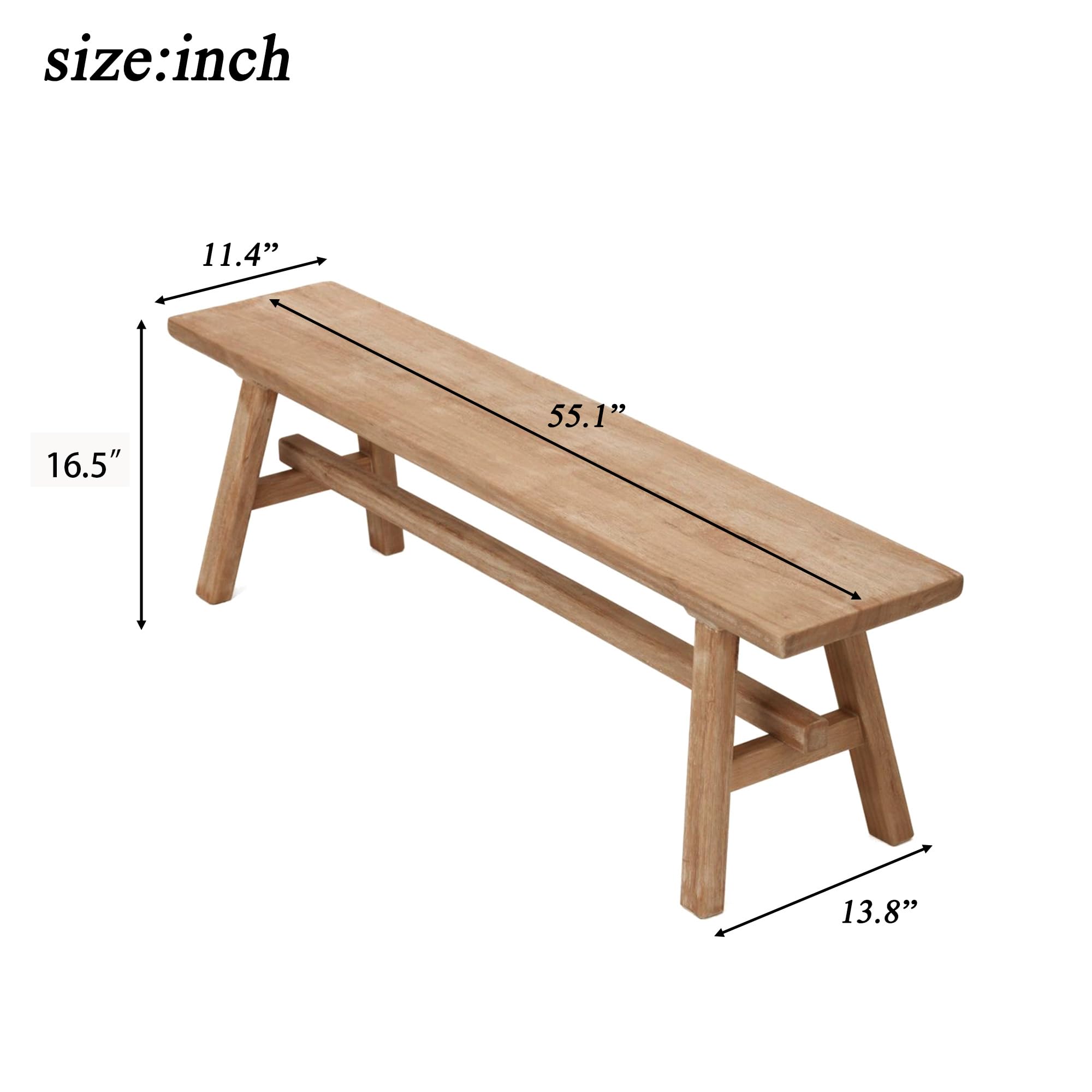 55" Farmhouse Wood Bench, Rustic Solid Wood Dining Room & Entryway Bench Seat for Indoors, Easy Assembly