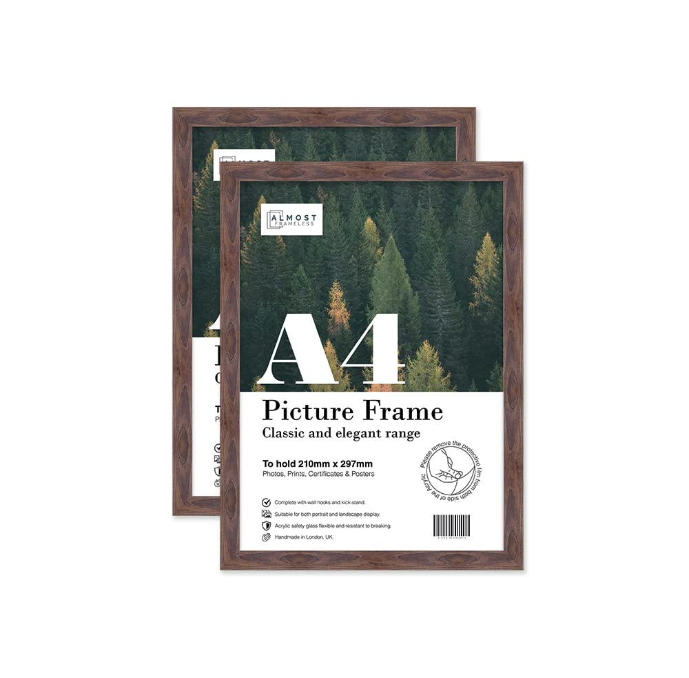 Almost Frameless A4 Walnut Picture Frame Set of 2, Display A4 Picture Gallery Wall, Poster, Photo, Artwork, or Print, Walnut